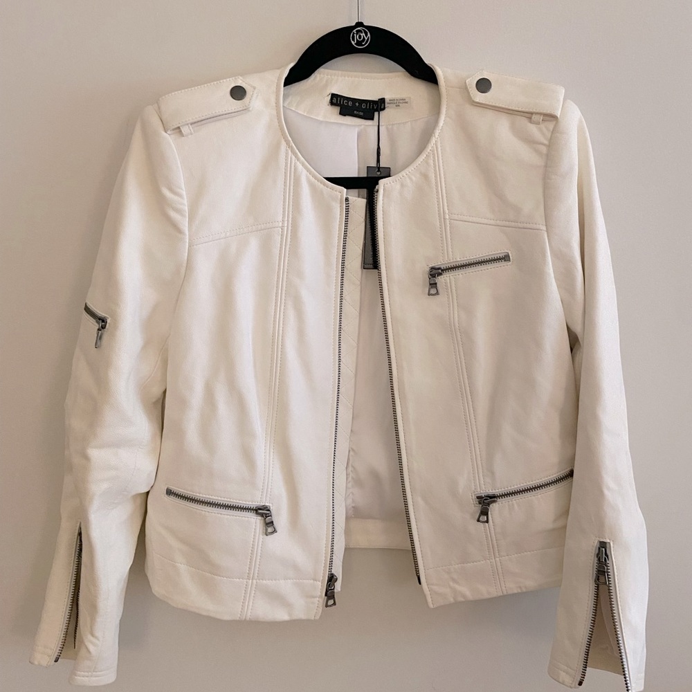 New Alice & Olivia White Moto Leather Jacket